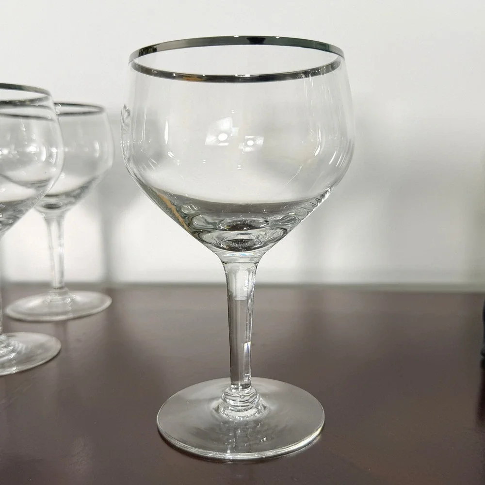 Vintage Silver Rim Coupe Glasses Set of 6 MCM Cocktail Stemware Retro Barware